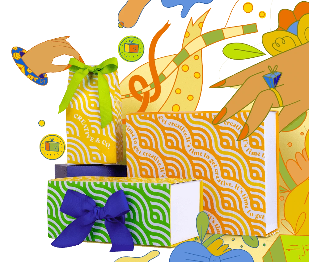 Cajas personalizadas con patrones y cintas, rodeadas de ilustraciones Everybox
