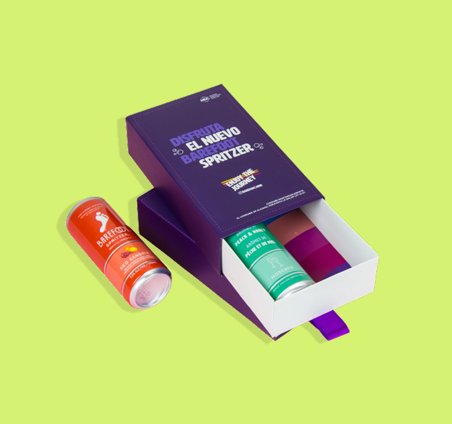 Caja deslizante morada de Barefoot Spritzer con latas en su interior sobre fondo verde lima